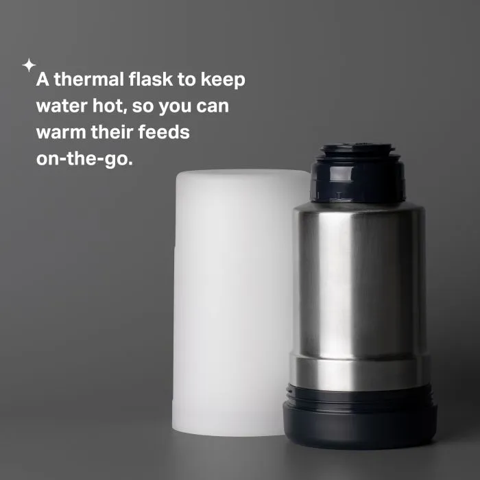 Thermal flask next to frosted base against a grey background with product USP tagline