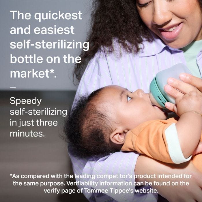 Parent using a silicone baby bottle to feed baby with text about quick self-sterilization.
