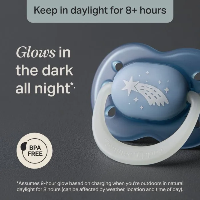 Close-up of a NightGlow paci shield with information on charging the glow.