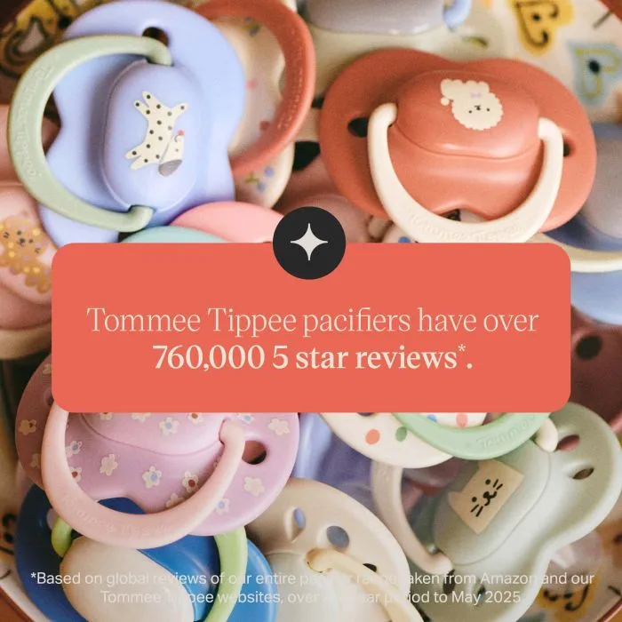 Ultimate Fit Club House pacifier collection with 5-star review statistic overlay.