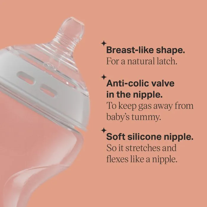 Side shot of a Natural Start baby bottle and list of key features.