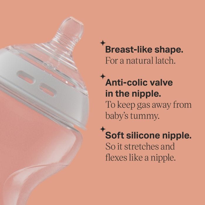 Side shot of a Natural Start baby bottle and list of key features.