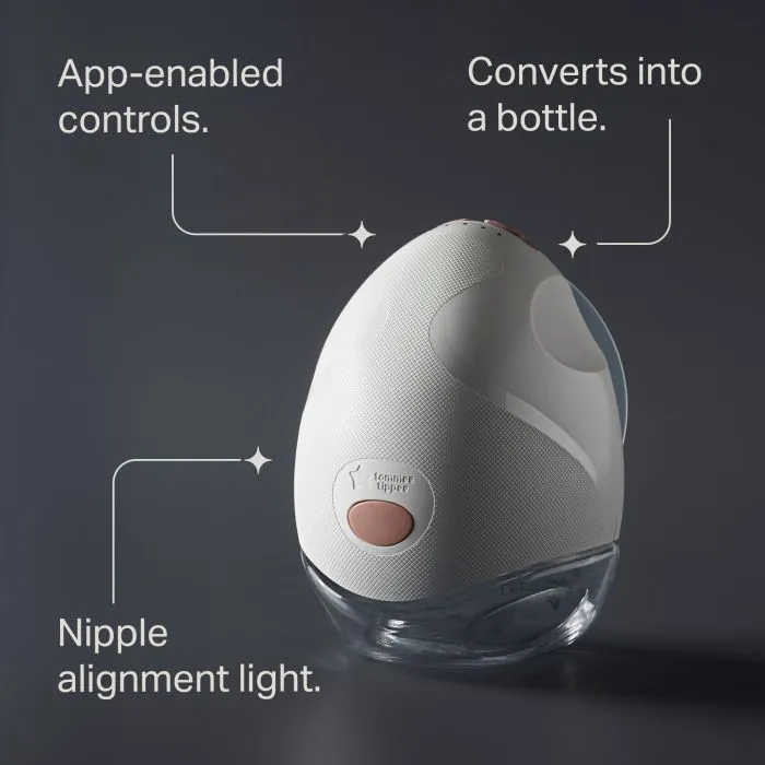 Front facing Wearable Breast Pump with key features pointers.
