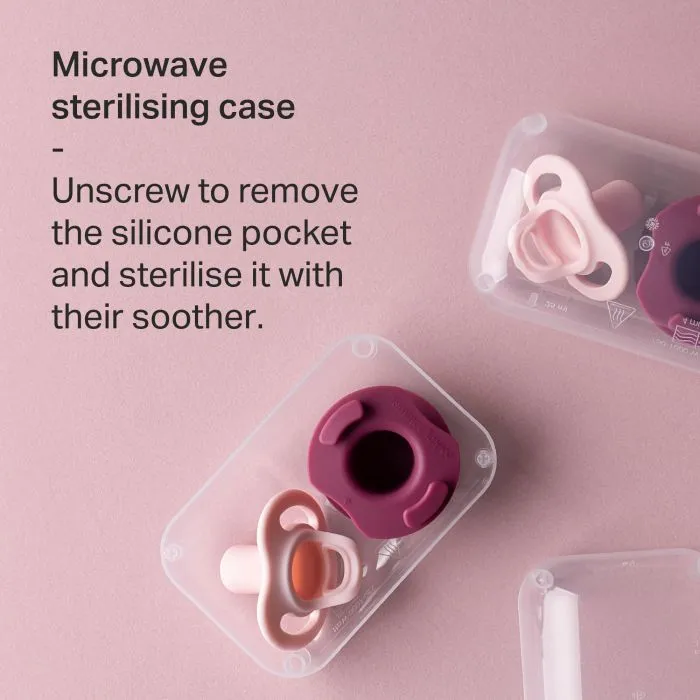 StayPut Pocket™ and soother in a steriliser case with details on how to use.