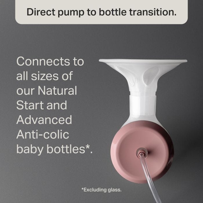 Aerial shot of our electric breast pump with text about direct pump to bottle transition.