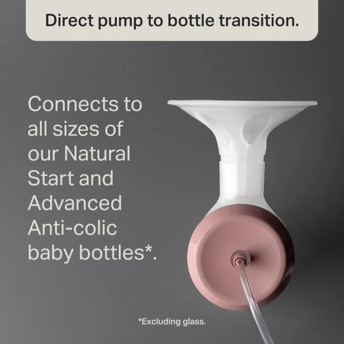 Aerial shot of our electric breast pump and horn with text about direct bottle transition.