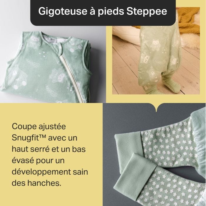 PictureImage d&apos;une gigoteuse verte avec un motif de faune et de flore, avec une fermeture à glissière et des jambes fuselées pour un développement sain des hanches. 