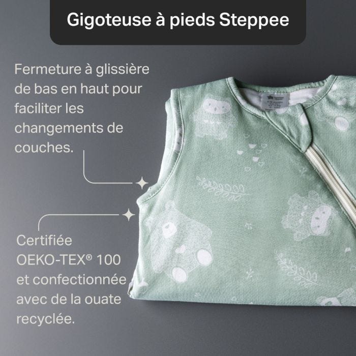 Gigoteuse écologique dotée d&apos;une fermeture éclair pour faciliter le changement de couche, fabriquée à partir de matériaux recyclés et certifiée OEKOTEX® 100.