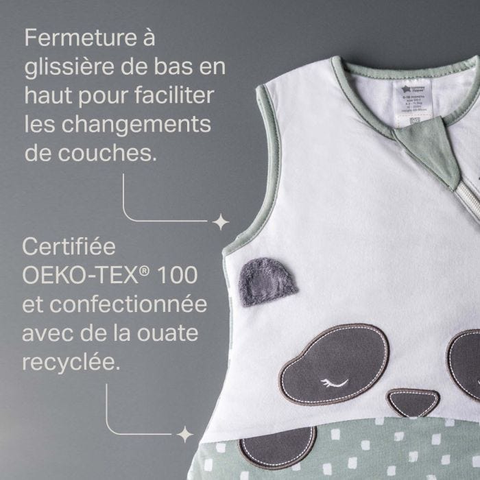 Gigoteuse avec fermeture éclair sur le dessus pour faciliter le changement de couche, certifiée OEKO-TEX® 100 et fabriquée à partir de matériaux recyclés.