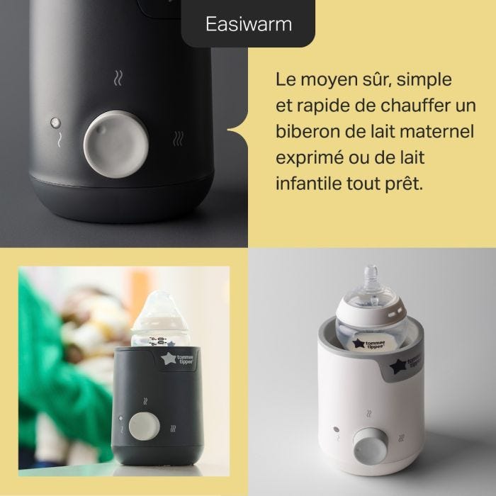 Grille avec 3 images du chauffe-biberon LetsGo et le texte de présentation du produit