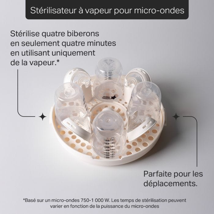 Stérilisateur à micro-ondes sur fond gris avec des indications sur les caractéristiques du produit