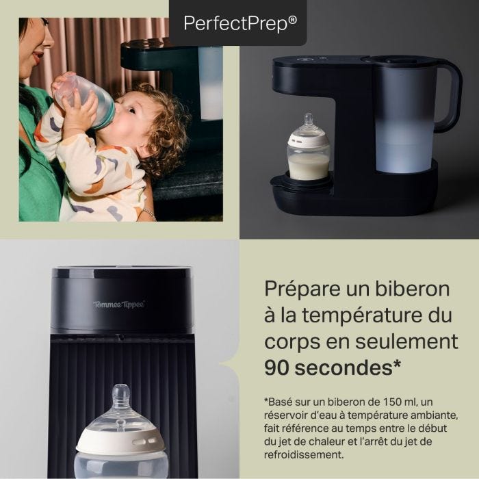 Fiche de style grille avec 3 images de la machine Perfect Prep et le texte des caractéristiques du produit