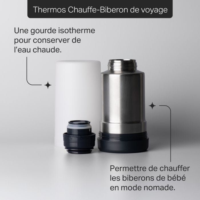 Chauffe-biberon de voyage sur fond gris avec des indications sur les caractéristiques du produit