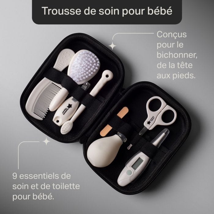 Pointeurs des caractéristiques du produit montrant le kit de soins de santé sur un fond gris 