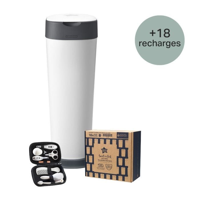 Ensemble de poubelles à couches XL Twist & Click avec 18 recharges sur fond blanc