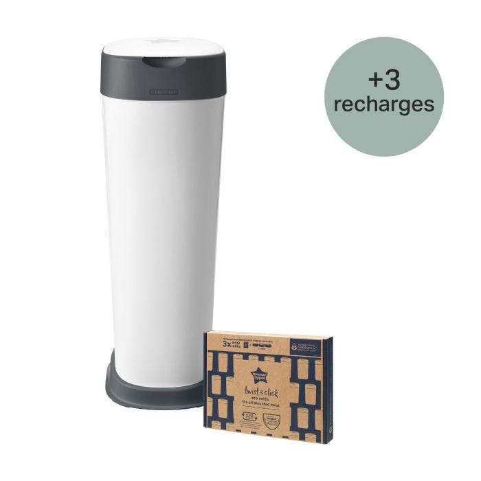 Ensemble de poubelles à couches XL Twist & Click avec 3 recharges sur fond blanc