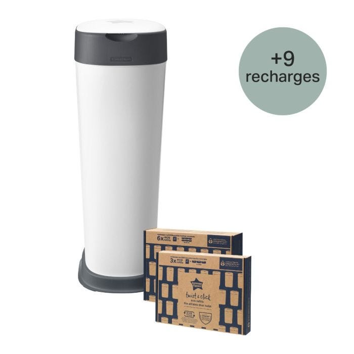 Ensemble de poubelles à couches XL Twist & Click avec 9 recharges sur fond blanc