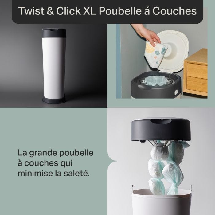 Élément de style grille avec 3 images de la poubelle Twist & Click et texte de présentation du produit
