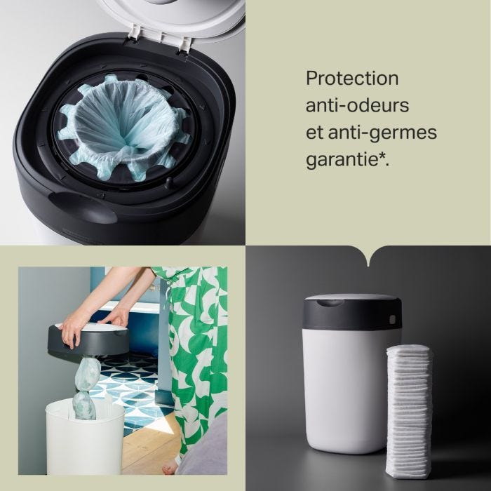 Image quadrillée de la poubelle à couches Twist & Click avec texte sur la protection garantie contre les odeurs et les germes