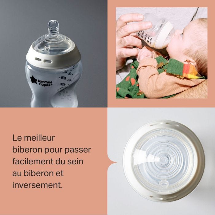 Image en grille du biberon Natural Start avec un texte expliquant qu&apos;il s&apos;agit du biberon numéro 1 pour le passage du sein au biberon
