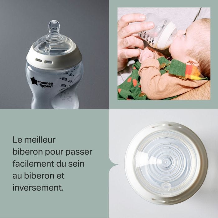 Bébé boit au biberon Natural Start et gros plan du biberon et de la tétine Natural Start