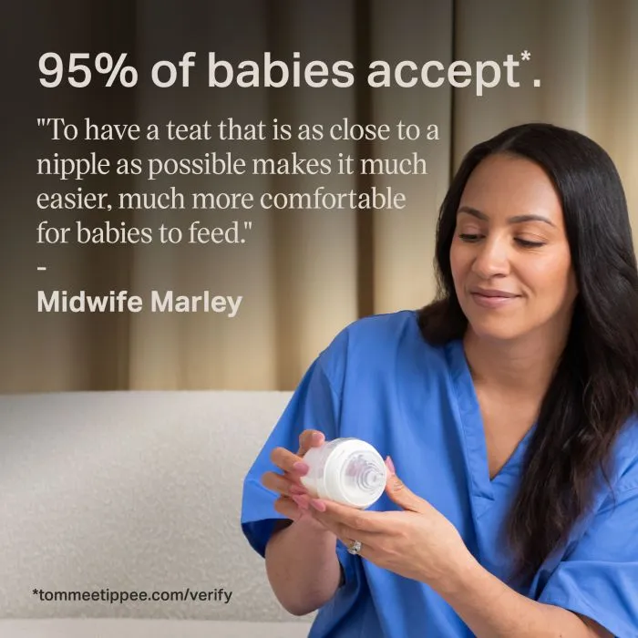 Image of a midwife holding a Natural Start bottle with text alongside about how 95% of babies accept these bottles