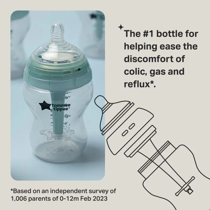 Front view of an Anti-Colic baby bottle with text about easing discomfort.