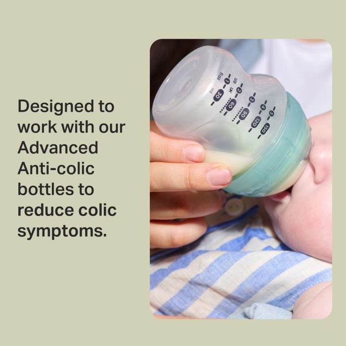 Baby feeding from an Advanced Anti-colic bottle with text overlay of product USP