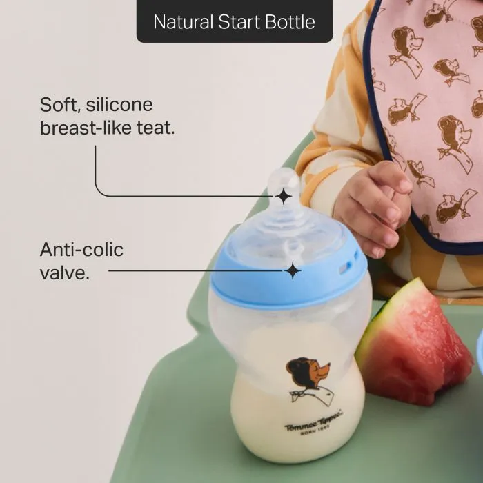 Image of Natural Start bottle standing on a high chair with pointers to the product features