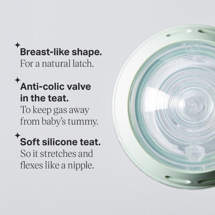 Aerial shot of a glass bottle screw ring and teat with key features listed.