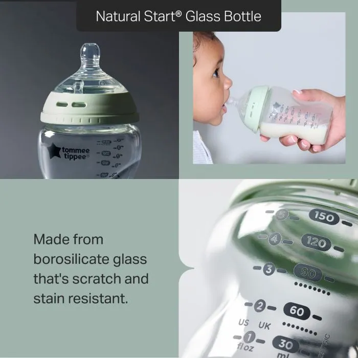 Grid style asset showing 3 images of a glass Natural Start bottle with product USP 