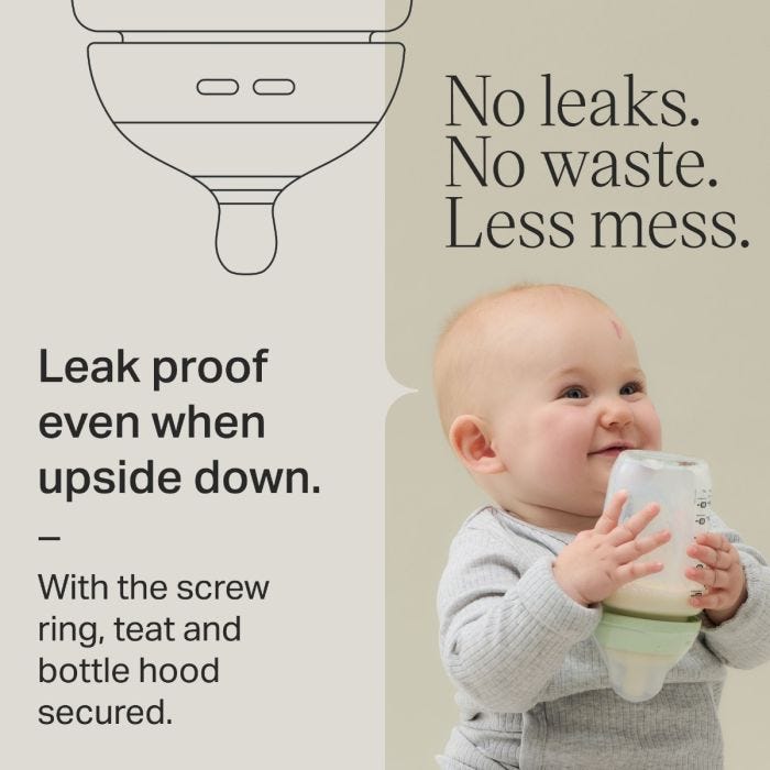 Keyline of a glass bottle lid, baby holding a glass bottle and leak-proof feature text.