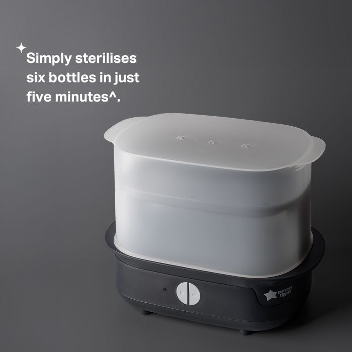 Black steam steriliser against a grey background with product USP tagline