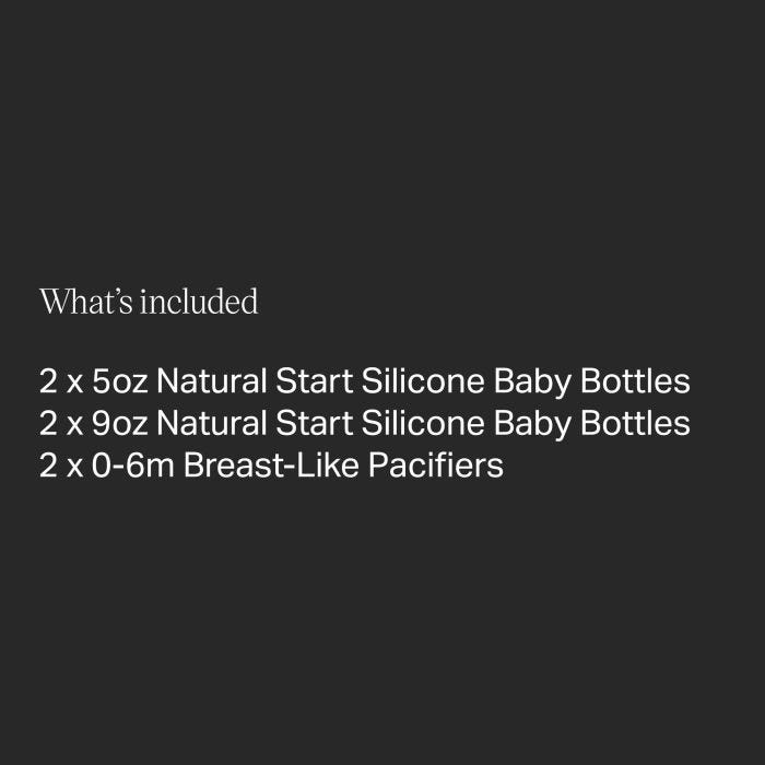 List of what&apos;s included in the Natural Start Most Breast-like Bottle Set.