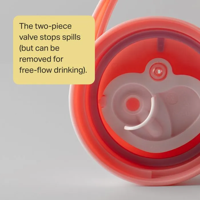 Insulated active spout lid upside down to show the valve against a grey background with text overlay of product messaging
