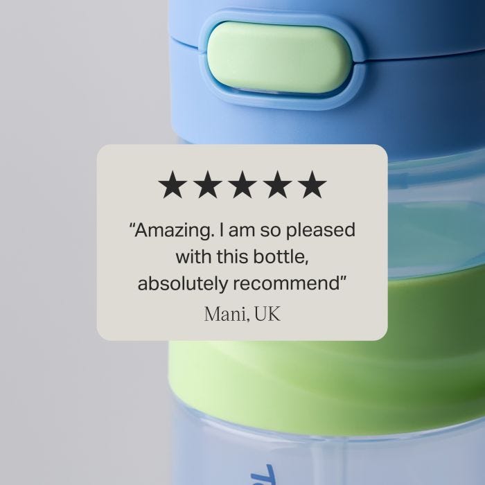 Close up image of an on-the-go straw cup with text overlay of customer review