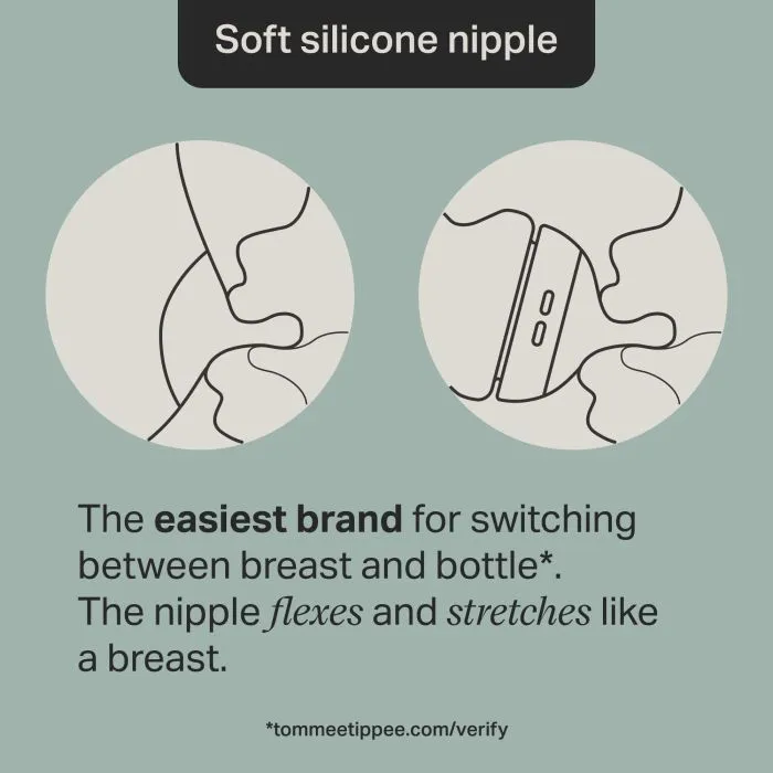 Two keyline images of a baby breastfeeding and a baby bottle feeding with text about switching between breast and bottle