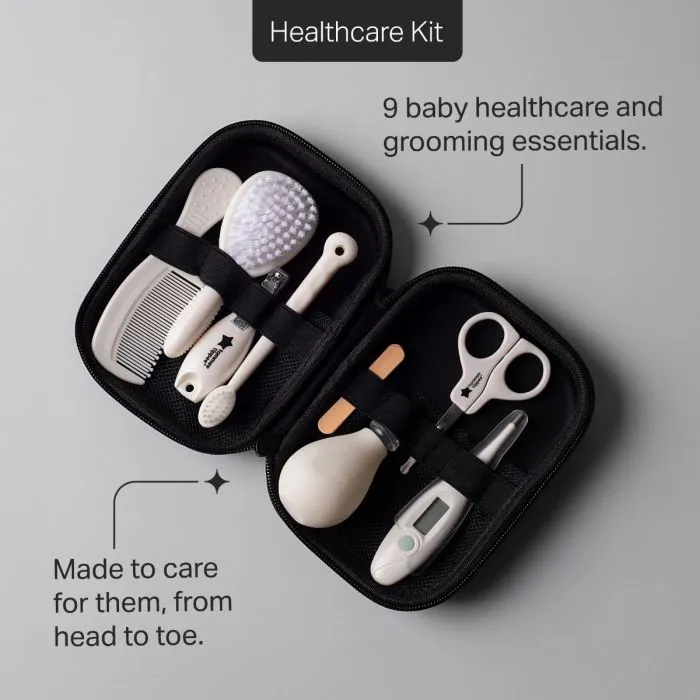 Product feature pointers showing the healthcare kit against a grey background