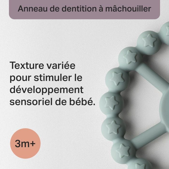 Gros plan sur l&apos;anneau de dentition texturé avec des informations sur le développement sensoriel de bébé.