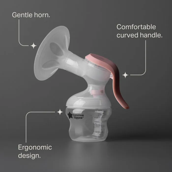 Wide shot of the manual breast pump with key feature pointers.