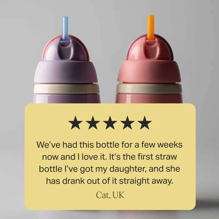 Pink and purple insulated active straw cups against a grey background with text overlay of customer review