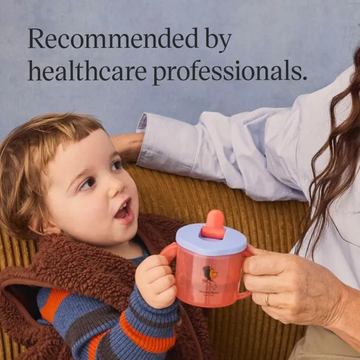 Image of a child on a chair with their parent holding a First Cup with product feature text overlay