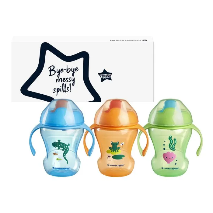 Three sippee trainer cups with their packaging box against a white background