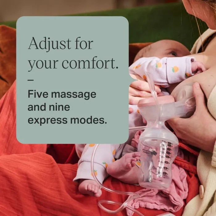 Parent expressing from one breast and feeding from the other with feature text.