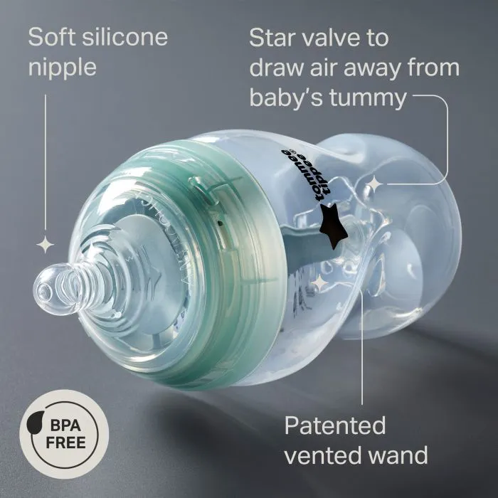 Advanced Anti-colic bottle laying on its side against a grey background with pointers to the key product features