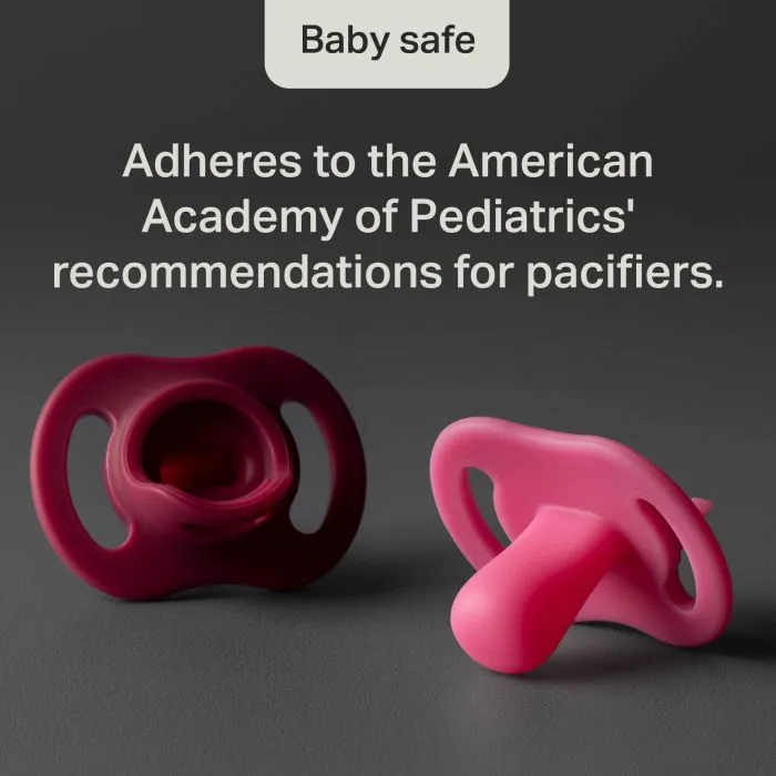 Shot of a pacifier nipple and shield with text about pacifier safety.