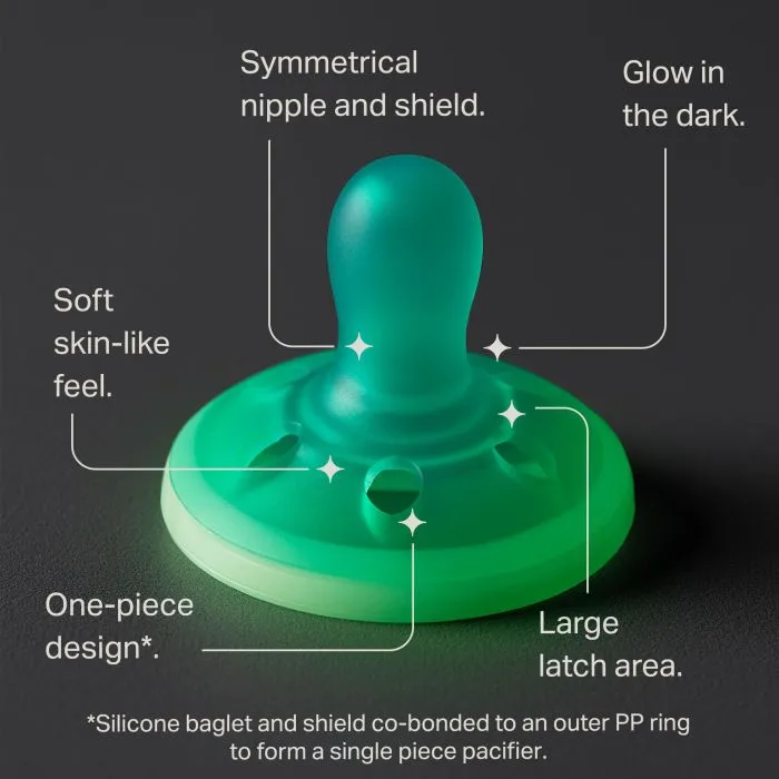 Breast-like night glow pacifier with key feature pointers.
