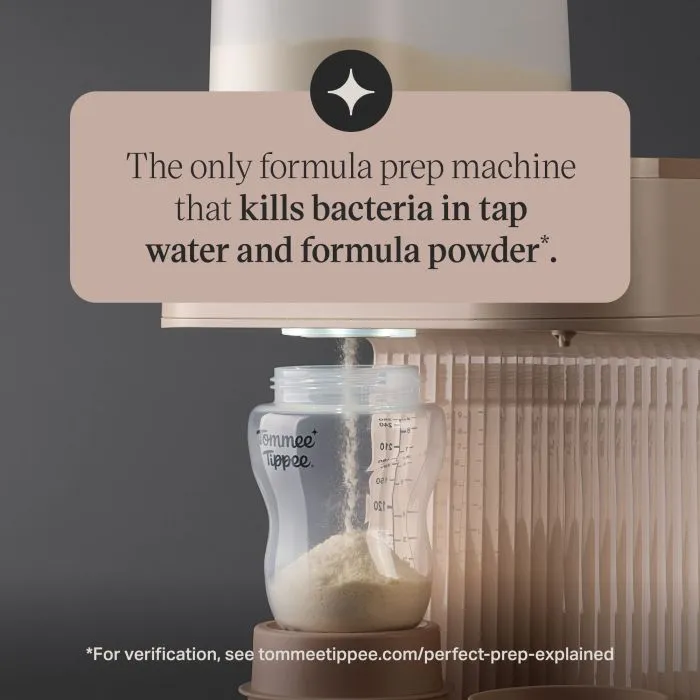Close up of a Tommee Tippee Nutmeg Perfect Prep Pro dispensing formula into a Natural Start bottle with text stating "The only formula prep machine that kills bacteria in tap water and formula powder*."