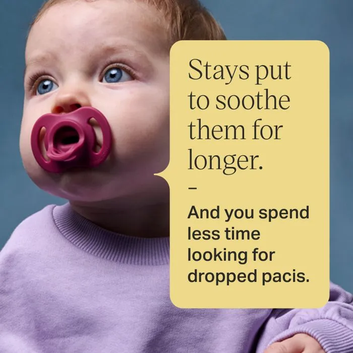 Baby with a pacifier and text about soothing for longer.