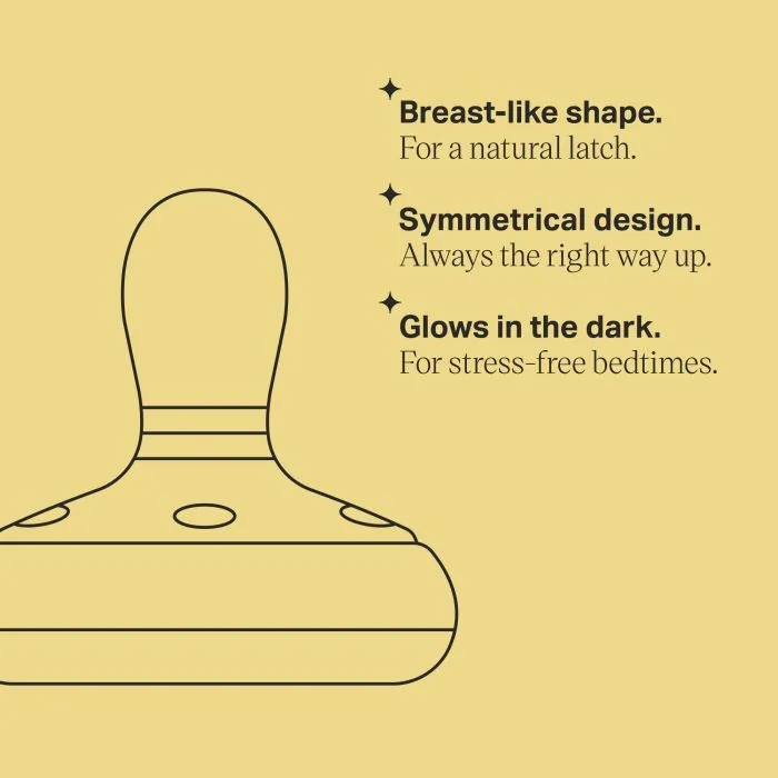 Keyline of breast-like night pacifier with key features listed next to it